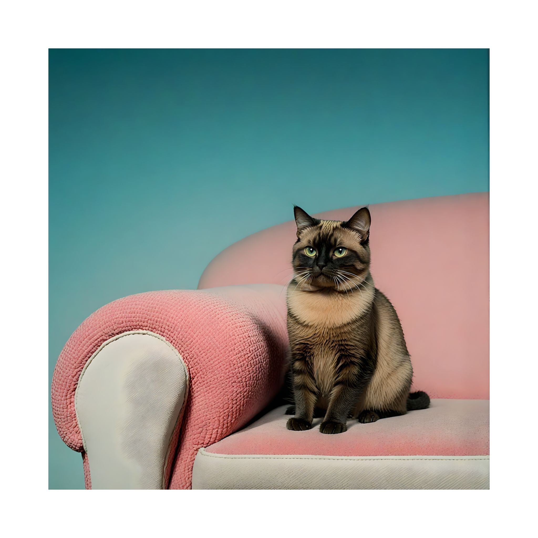 A cat with a grumpy face like smile sits on a pink couch against a teal backdrop.